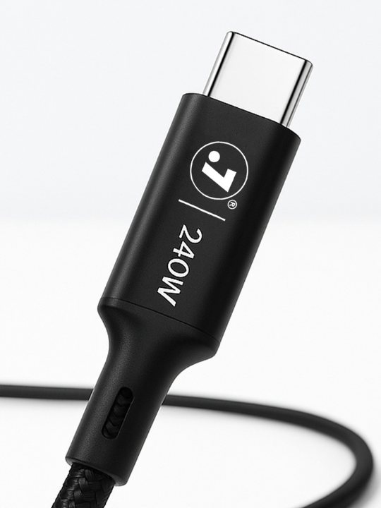 Close-up of the dot7 240W USB-C connector: matte black shell with the dot7 mark and 240W printed on it, a vented strain relief, and braided nylon cable